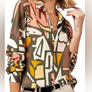 Big Dart Women’s Blouse Artsy Abstract Button Down Colorful Funky Sx 2x NWT